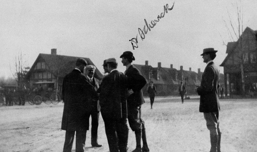 Dr. Schenck greeting guests at Biltmore plaza in 1908