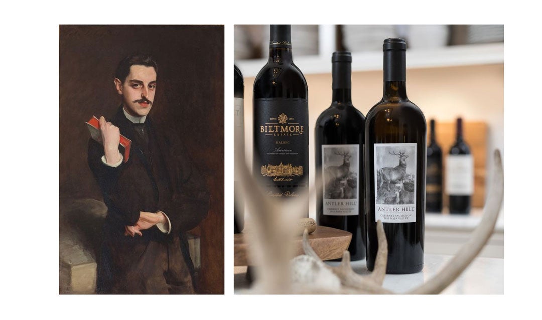 Portrait of George Vanderbilt and three bottles of wine