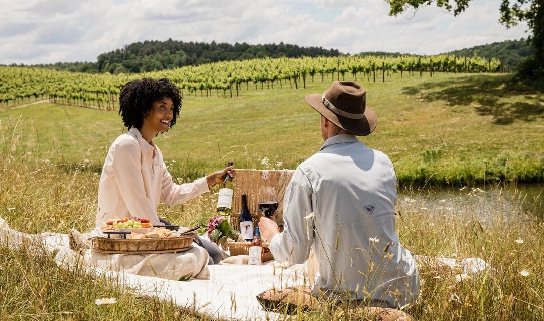 A man and woman with a picnic in a vineyard.