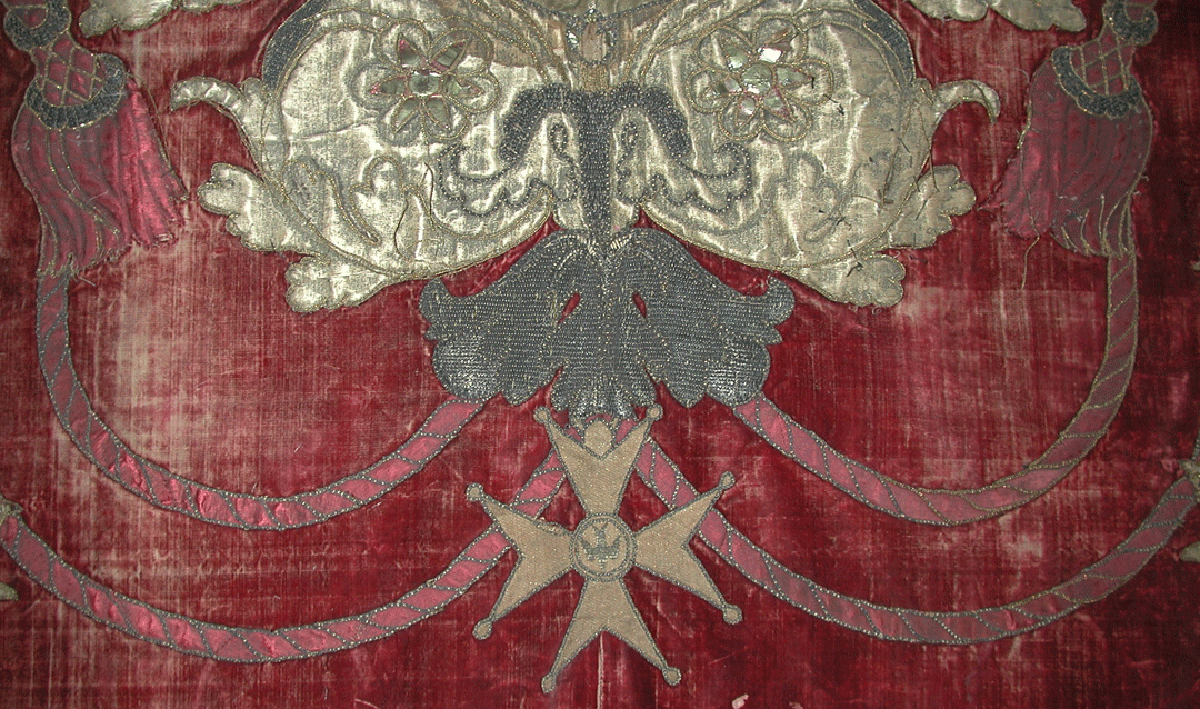 Detail of embroidered 17th century Cardinal de Richelieu hangings in the Biltmore collection