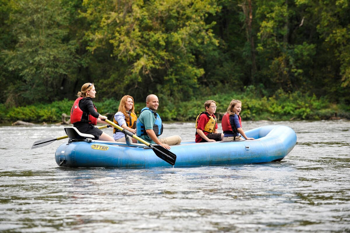 A family rafting down the French Broad at Biltmore.