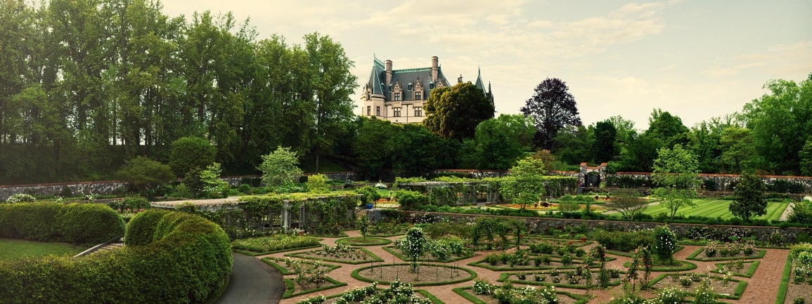 Aerial image of Biltmore Rose Garden with Biltmore House in distance